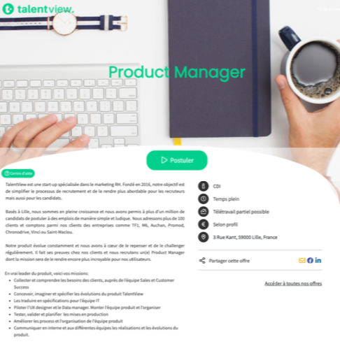 Exemple d'un message de recrutement pour un Product Manager par TalentView